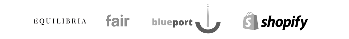 Customer logos: Equilibria, Faire, Blueport, Shopify