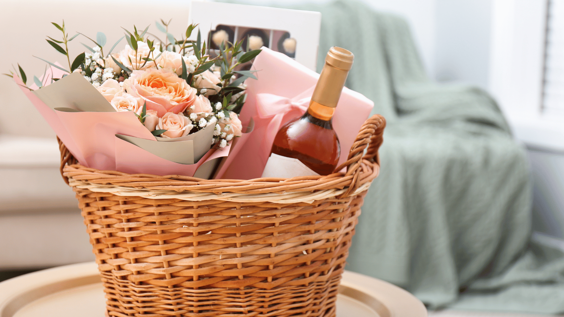 Gift basket with wine and flowers