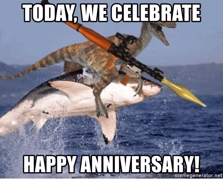 Work anniversary meme with dinosaur, bazooka, and shark