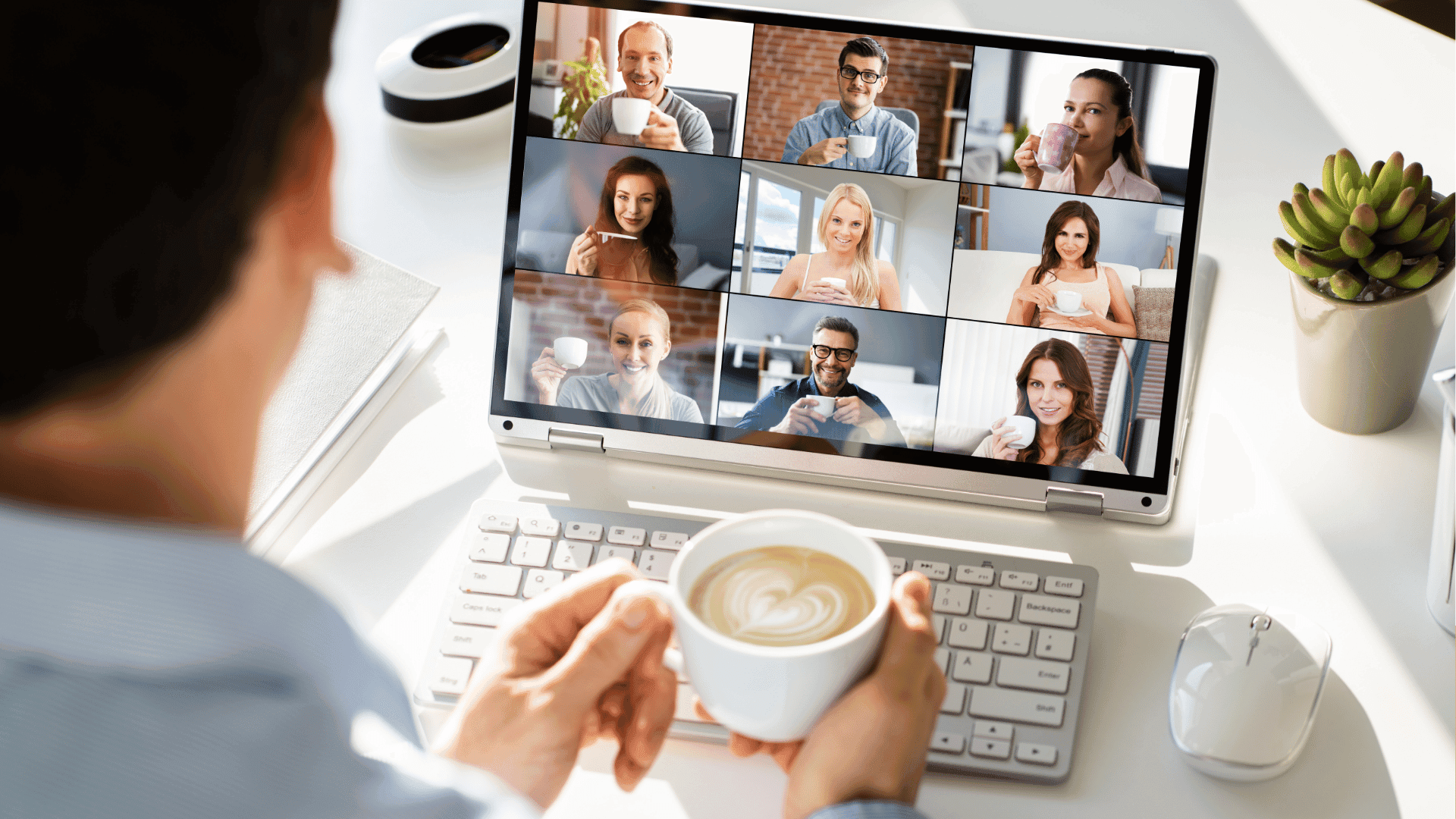 Man having virtual coffee with teammates