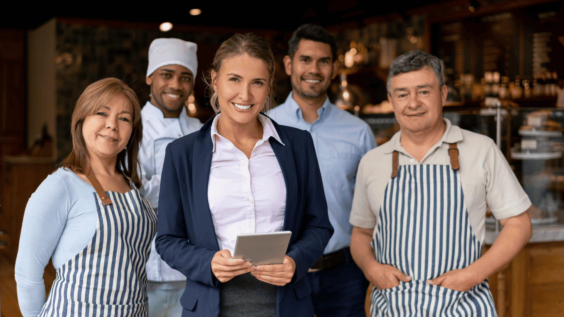 Restaurant staff posing for the camera in a restaurant