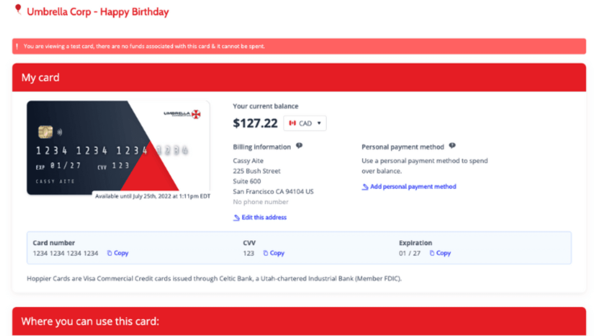 Hoppier virtual gift card for an employee birthday