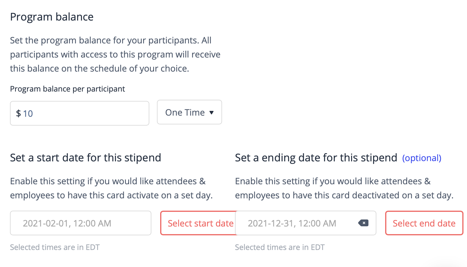 Virtual credit card program balance