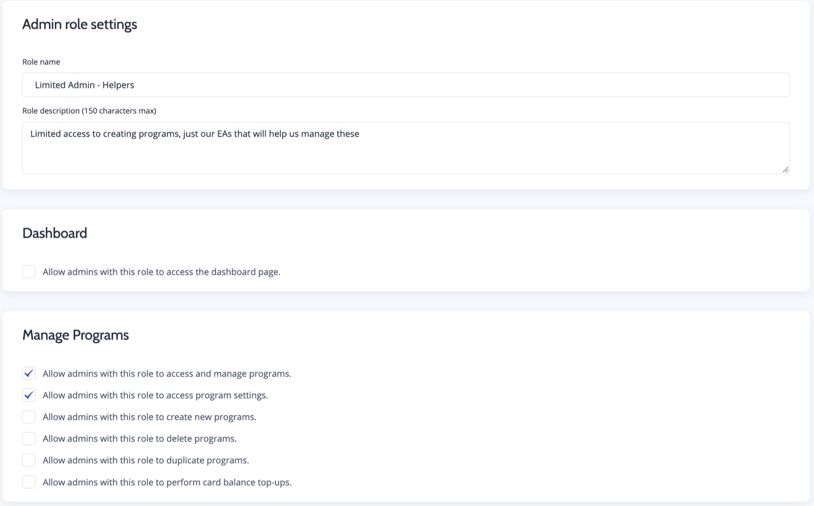 A custom admin role limited to managing existing programs