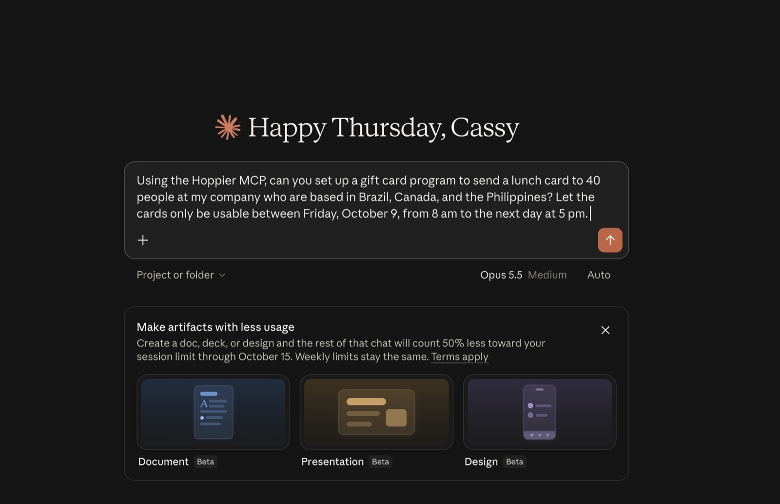 Creating a bulk gift card program from an AI assistant using the Hoppier MCP