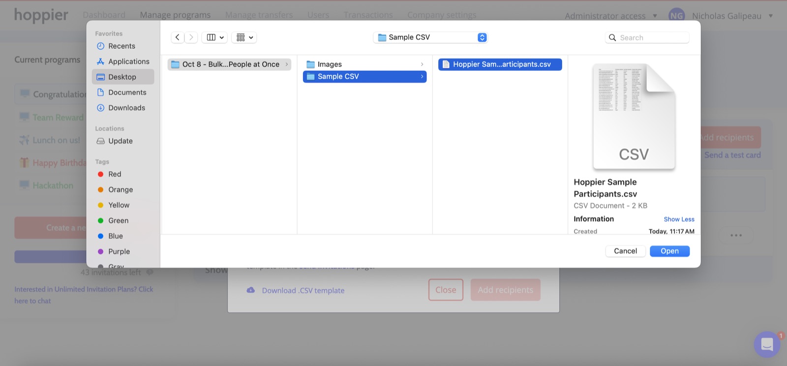 Hoppier CSV template with email, first name, last name, and company columns