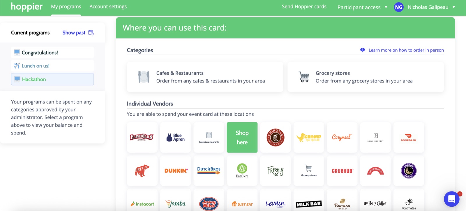 Recipient choosing their gift card from the vendor list