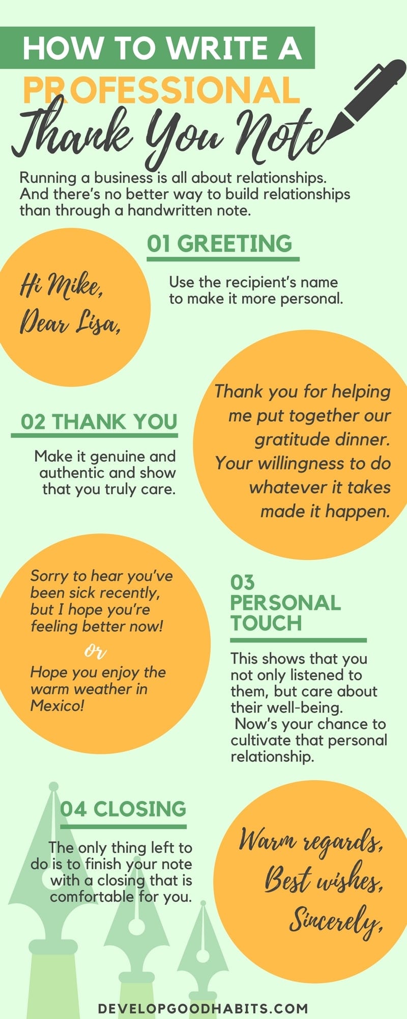 How to write a professional thank-you note: greeting, thank you, personal touch, closing