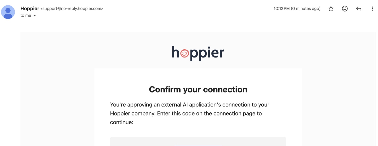 The emailed confirmation code that finalizes the connection