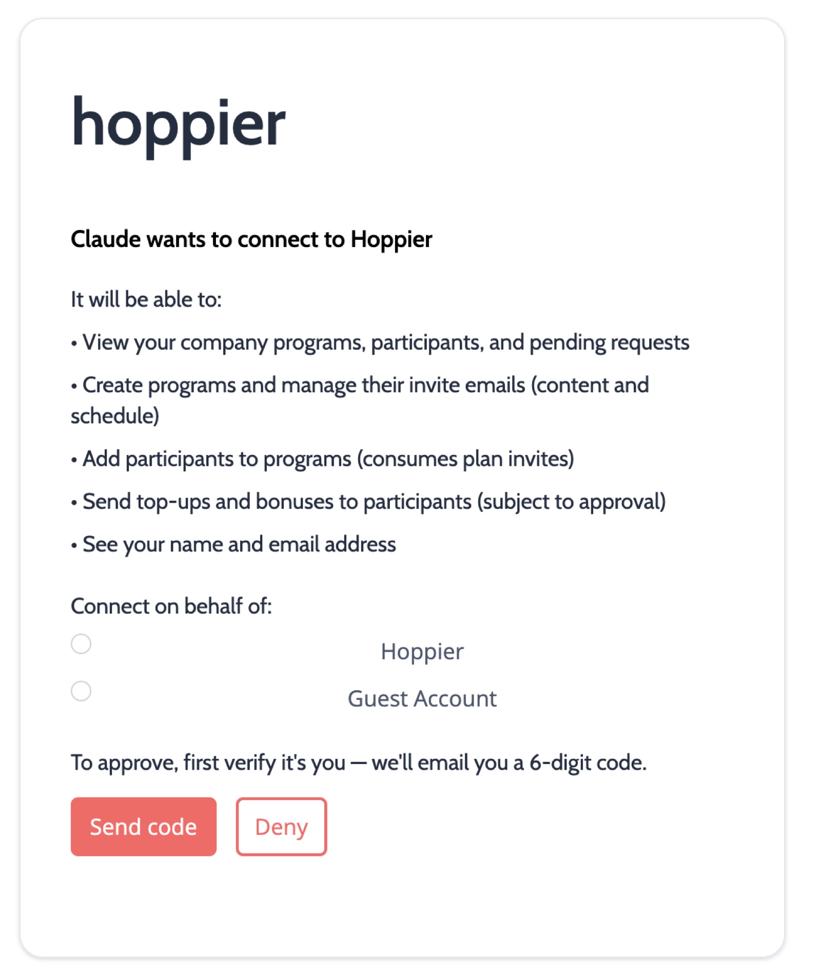 The authorization screen showing exactly what Claude can access in Hoppier