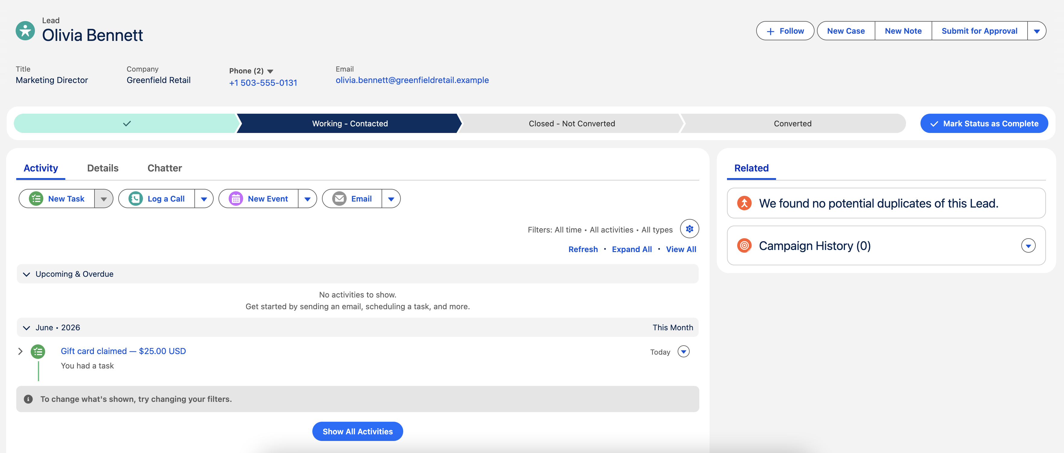 Salesforce lead record showing a Hoppier gift card claimed activity
